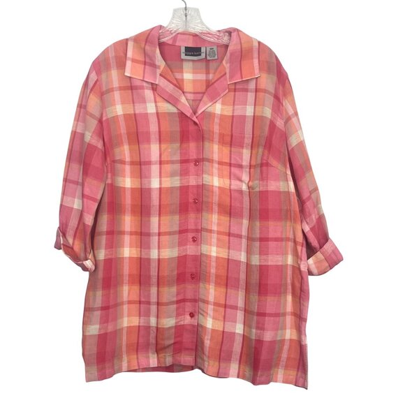 Maggie Barnes Button Up Shirt Womens Size 18W Pink Plaid Linen Blend - Picture 1 of 6